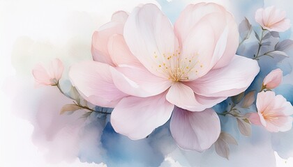 A close-up of a pale watercolor painting of a soft pink flower bloom, with delicate petals and yellow stamens, set against a light blue background. AI