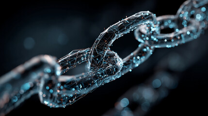 Close up view of a digital chain with glowing connections against a dark abstract background