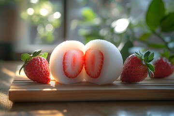 The outer layer of the strawberry daifuku is soft and chewy, with a generous filling