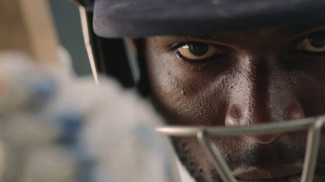 Intense african american cricket player faces camera while holding bat ready to strike - Powered by Adobe