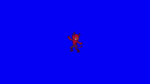 Pixel art animation of a red devil character with horns and a spade tail, dancing energetically on a vivid blue chroma key background. Great for Halloween-themed projects, games, or fun animated overl