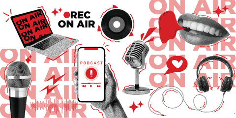 Halftone trendy collage elements, podcast theme. Pop art stickers with bright red doodles, design for blog, cover, club. Cuttings from magazines, punk grunge style