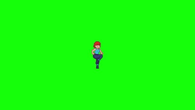 Looping animation of a pixel art girl character happily dancing on a green screen (chroma key) background. The retro 8-bit style and bright colors make this asset ideal for nostalgic video games, play