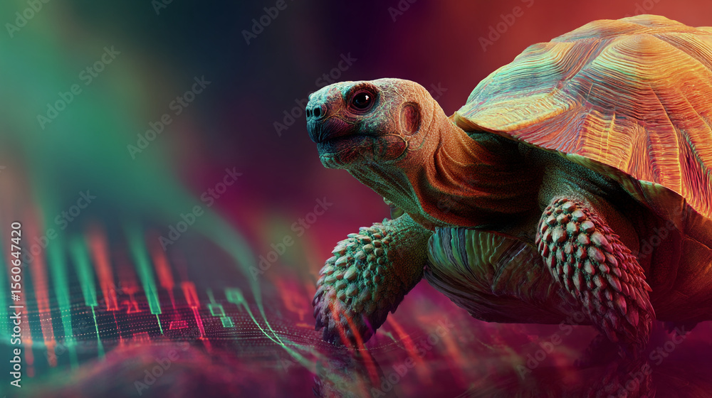 Poster a tortoise with a shell in front of a stock market graph with green and red candles displayed