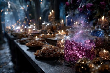 Magical potion shop filled with sparkling crystals and enchanting candles in a mystical forest