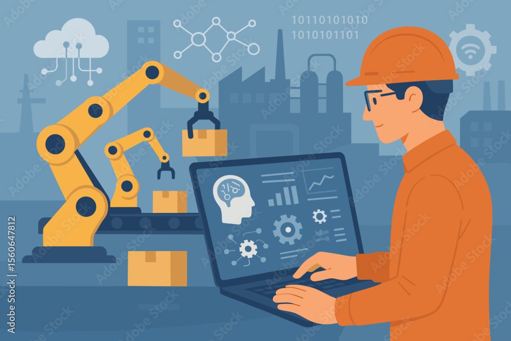 Poster industry 4.0 concept with engineer managing smart factory automation via laptop. robotic arms on con