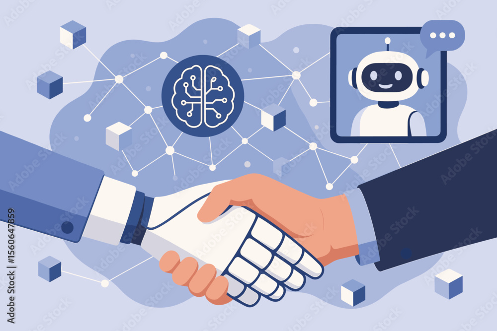 Poster artificial intelligence collaboration concept with human and robot handshake. ai chatbot for custome