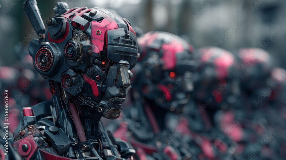 Poster a line of futuristic robots with red accents standing in formation ready for deployment or inspectio
