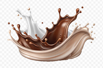 realistic 3d smooth liquid chocolate and milk splashes in different style isolated on transparent background	
