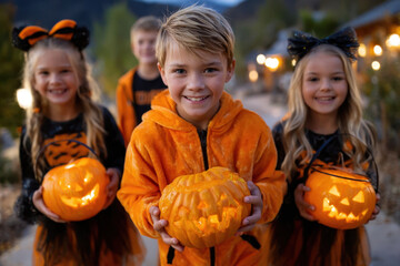 Children celebrate Halloween with carved pumpkins in festive costumes during twilight