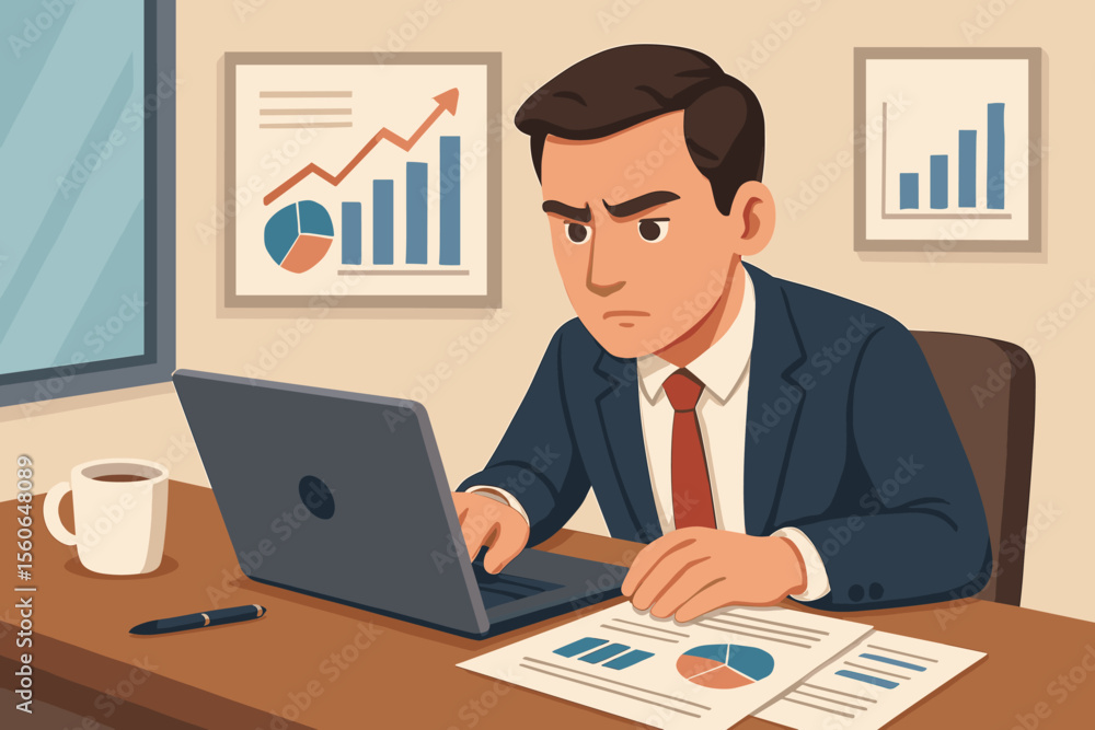 Poster concentrated businessman analyzing financial reports and data on a laptop computer at his office des