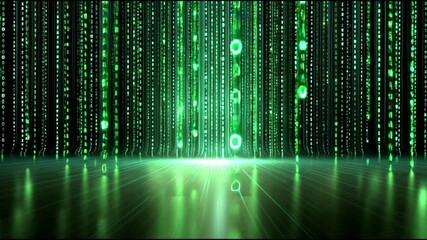 Futuristic digital data stream with green code matrix effect and abstract light reflections - Powered by Adobe