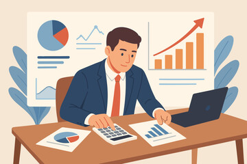 Professional businessman analyzing financial data with calculator and economic growth charts. Banking, finance, sales analytics, and digital business concept. Data-driven strategy.
