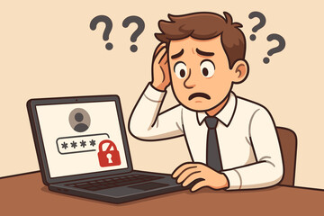 Confused man forgot password for laptop, login access denied. Frustrated office worker has authentication problem. Vector cartoon concept of cybersecurity and incorrect password.