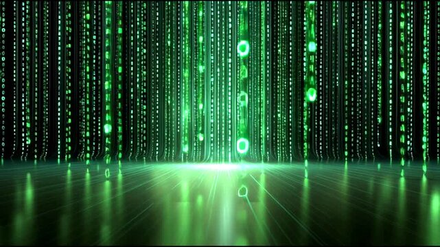 Futuristic digital data stream with green code matrix effect and abstract light reflections - Powered by Adobe