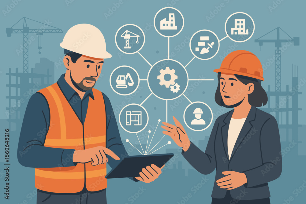 Poster construction management concept. engineer and architect team use digital tablet for planning on site