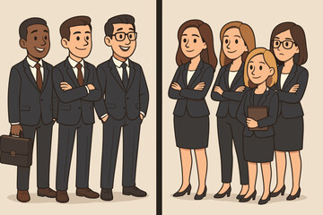 Corporate business team concept. Diverse group of professional men and women colleagues standing together. Office workforce vector cartoon illustration. Gender equality in the workplace.
