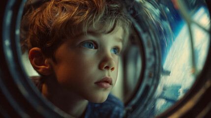 A young boy with curly hair looking through a round window with a curious and thoughtful expression