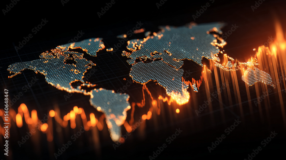 Poster world map with glowing lights and an orange graph overlay against a dark background scene