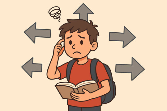 Confused student making a difficult decision about the future path. Young boy character at a crossroads with arrows pointing in different directions. Career choice dilemma concept.