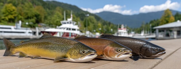 Salmon lie on the dock with fishing boats in the background and mountains rising under a clear blue sky, showcasing nature's bounty