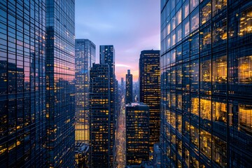 Obraz premium As night falls, the city skyline is illuminated by lights