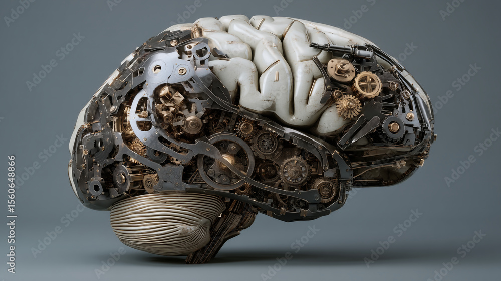 Aufkleber mechanical brain model with gears and cogs on a gray background in a studio setting side view