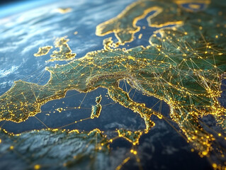 Illuminated Night View of Europe with Connectivity Network