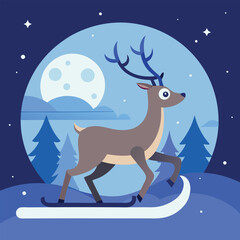 Christmas Reindeer on Sleigh in Winter Night

