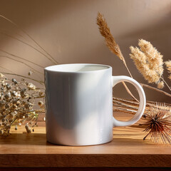 A warm and romantic boho-inspired mockup featuring a classic white ceramic mug surrounded by elegant dried flower vases. 