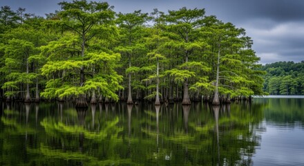 Lush green cypress trees reflected in calm water under a cloudy sky