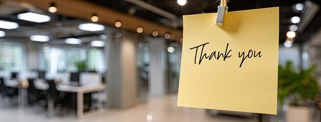 Warmly lit office features a stylish yellow sticky note with thank you writing, creating an inviting ambiance for a thoughtful message