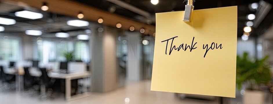 Warmly lit office features a stylish yellow sticky note with thank you writing, creating an inviting ambiance for a thoughtful message