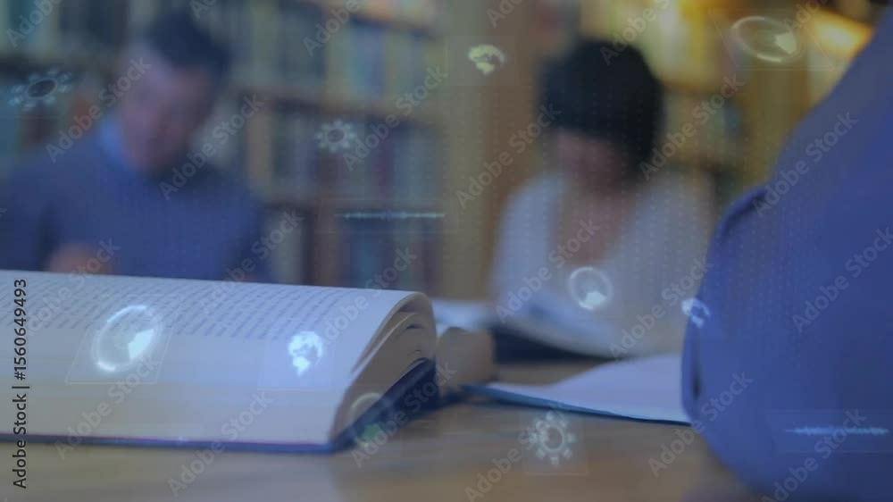 Poster hand flipping book pages and generating data icons supporting study revealing library pair smiling