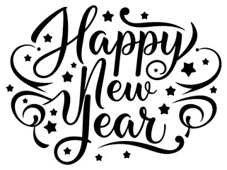 Ornate Happy New Year Calligraphy with Stars and Swirls