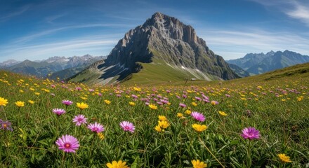 Obraz premium Vast Green Meadow Covered in Colorful Wildflowers with a Majestic Rocky Mountain Peak in the Background Under a Clear Blue Sky