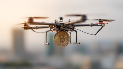 A drone carrying a bitcoin cryptocurrency coin in the air with blurred city background on a sunny day