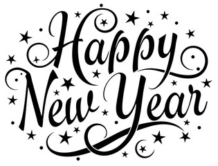 Happy New Year Ornate Calligraphy with Stars and Dots