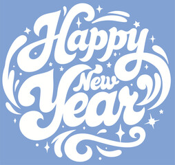 Happy New Year Retro Groovy Lettering with Stars on Blue
