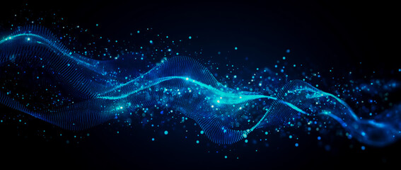 Obraz premium Abstract blue wave of particles flowing in a dark digital space with glowing lights