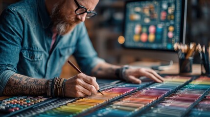 Young artist working at a wooden desk with color palettes and screen in studio during the day