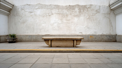 Minimalist scene Stone bench against aged wall