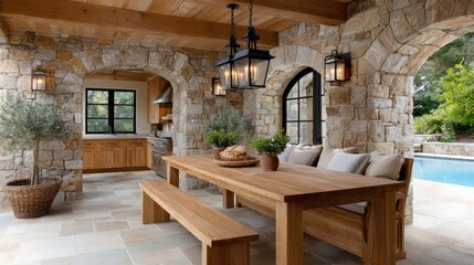 Stylish outdoor dining space with marble flooring, arched stone walls, an outdoor kitchen, and lush greenery by the poolside