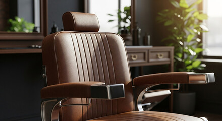 Barber chair in elegant barbershop interior with natural sunlight