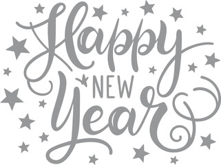 Happy New Year Lettering with Stars Grey Monochrome