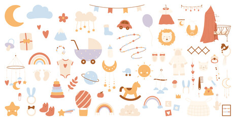 Boho baby clipart set for newborn girls and boys. Cartoon nursery bohemian simple collection with animal toys decor for cute bedroom, cradle and clothes isolated on white. Kids decoration concept