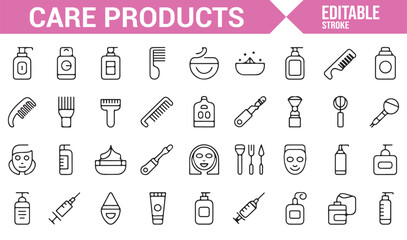 Beauty product symbols including bottles, lotions, face creams, and hygiene-related items.