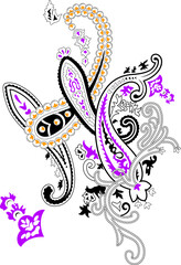 Elegant Paisley Floral Motif in Intricate Boho Mehndi Style – White, Purple & Orange on Black, Ideal for Textiles & Decor.