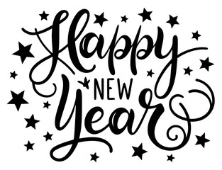 Happy New Year Calligraphy with Scattered Stars

