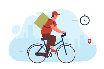 Fototapeta premium Fast food delivery courier riding a bike. Urban express shipping grocery order service flat vector illustration